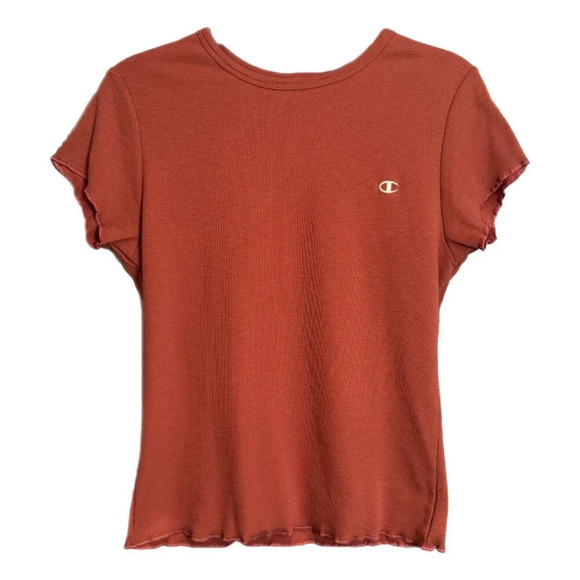 Champion Women's Ribbed Lettuce Edge Hem T-Shirt Size Medium Rust Orange Cropped - Picture 2 of 12